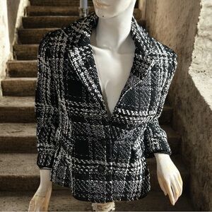 Elie Tahari black white classic tweed shoulder pad blazer 6 NEW